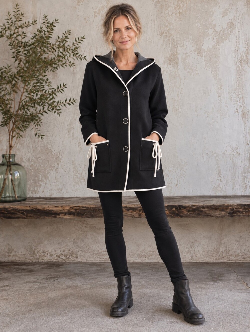 Linea Domani Black White Hooded Cardigan Sweater Coat Minimalist Size M